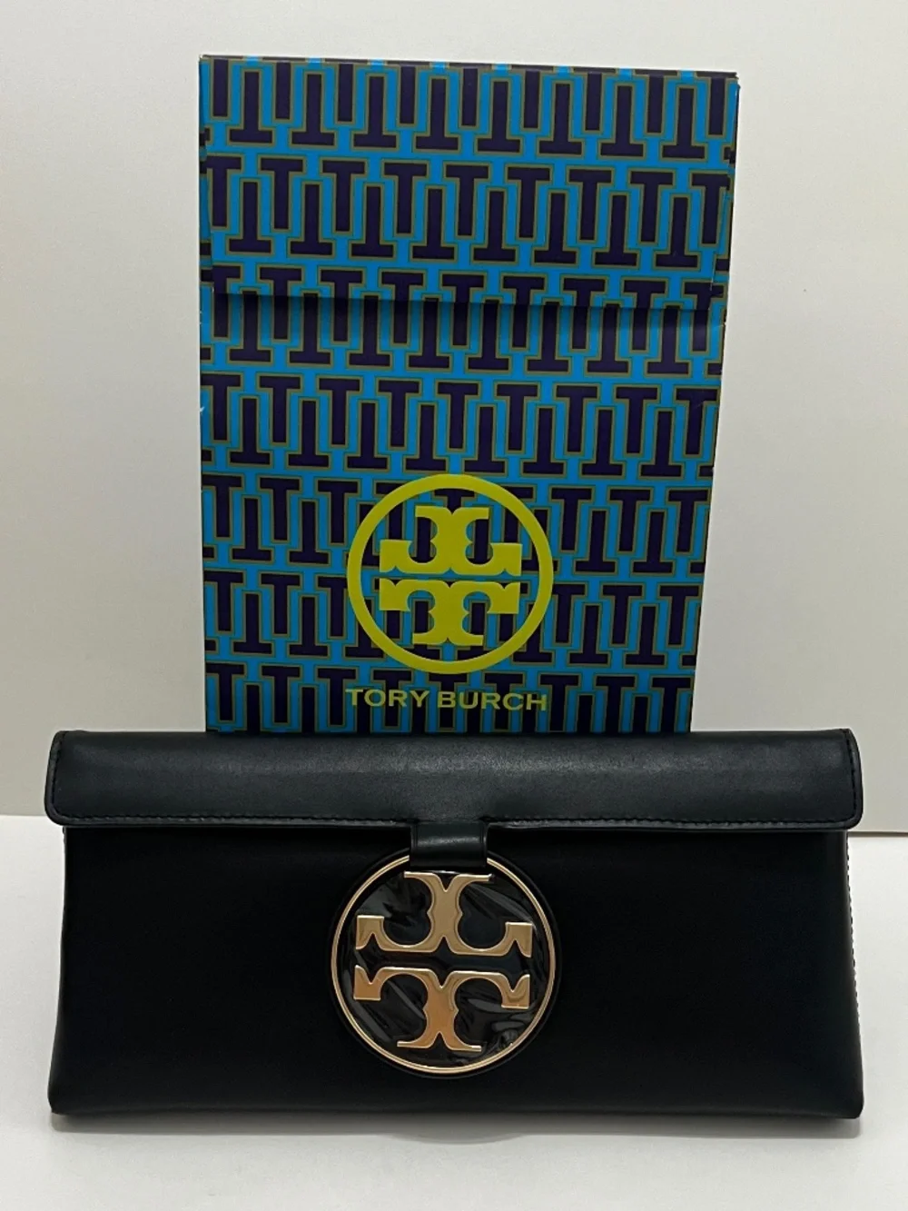 NWT Very Rare Tory Burch Miller Metal Leather Clutch - Black/Gold